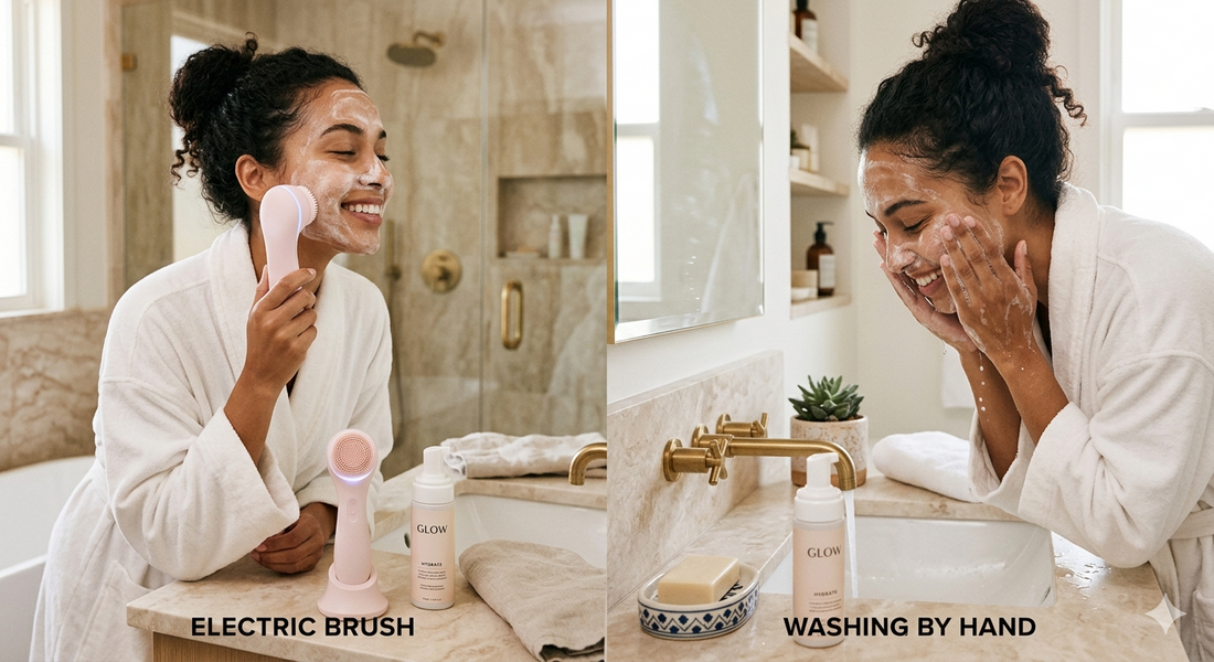 Woman using an electric facial cleansing brush compared to washing face by hand