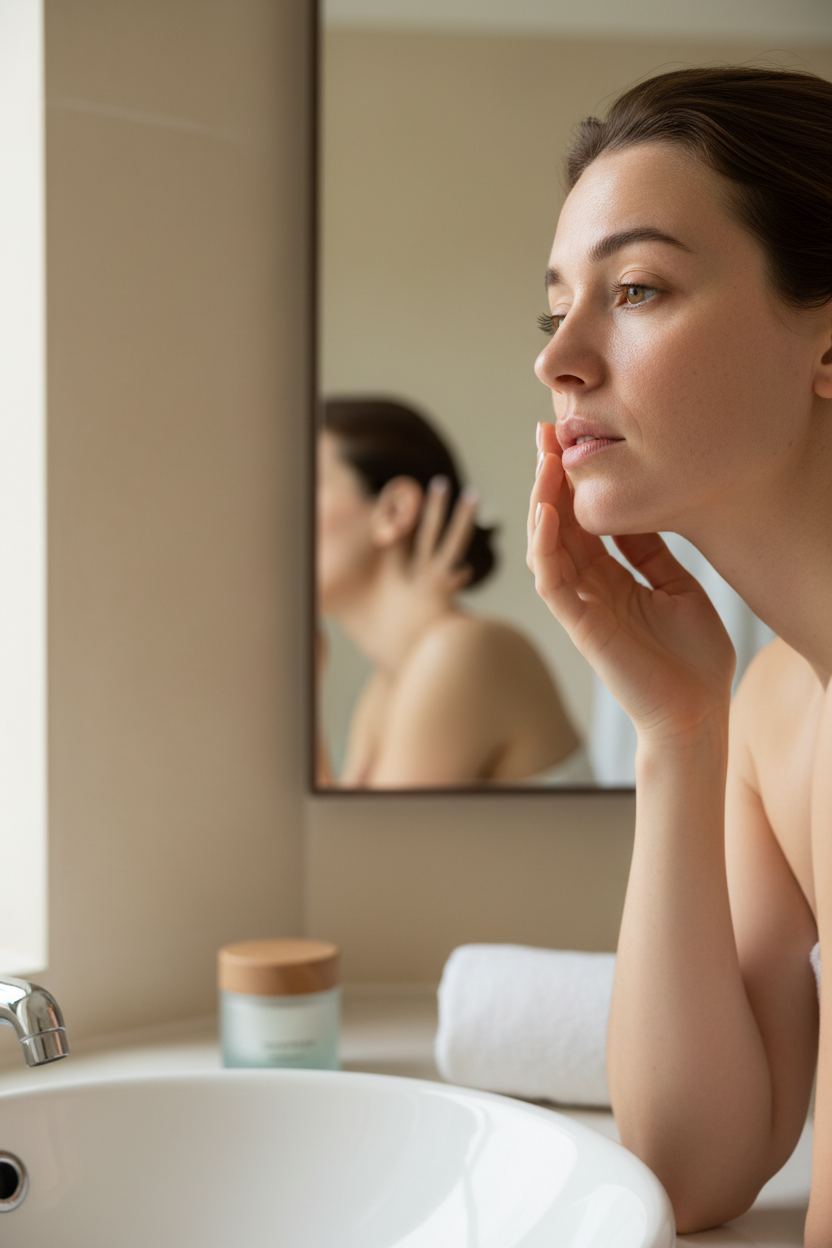 Woman examining dull skin in mirror, looking for skincare solutions