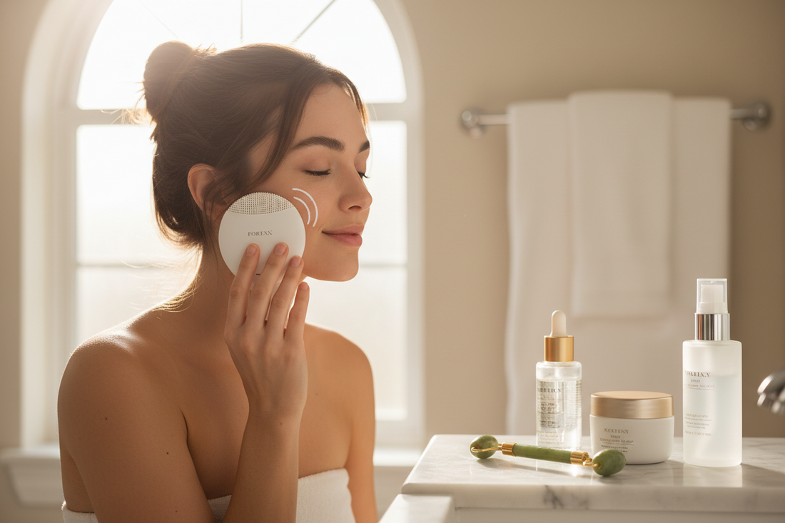 beautiful woman doing morining routine skincare 