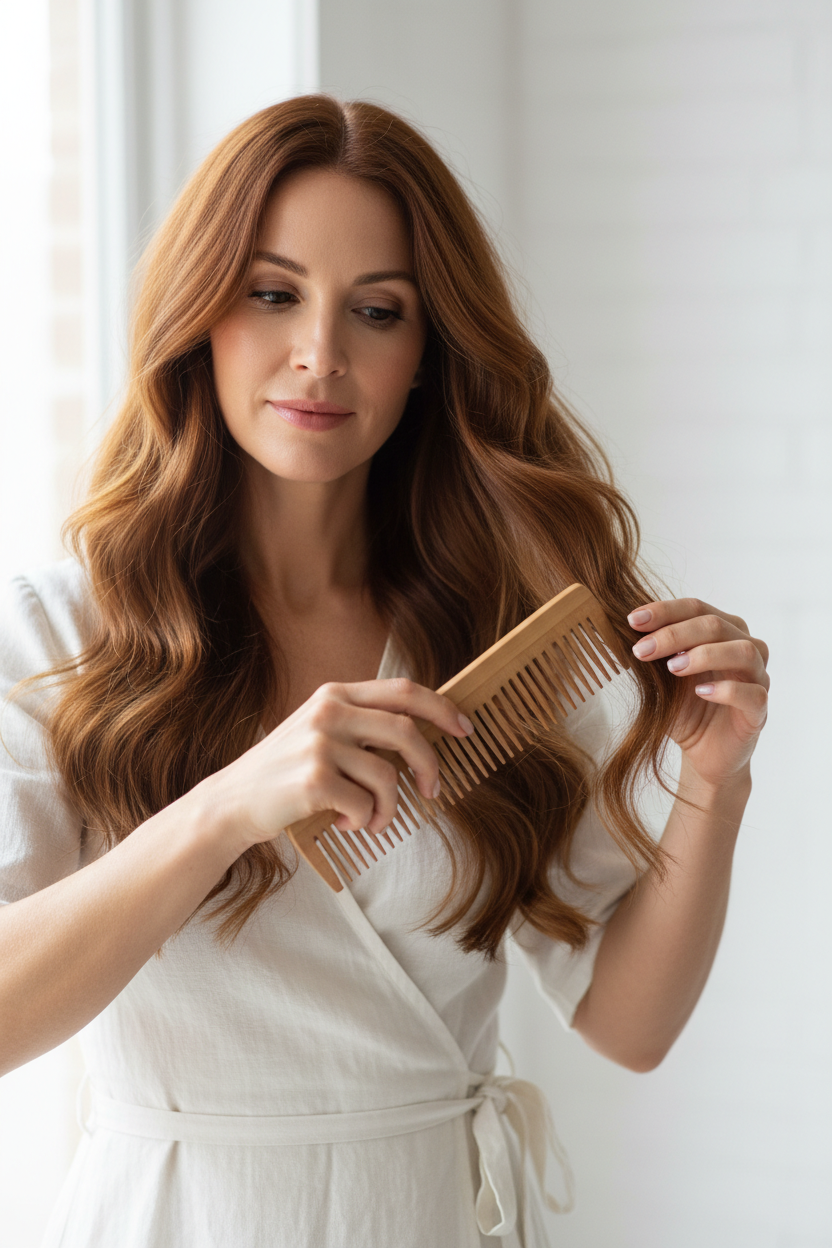 Woman in her mid-30s with beautiful, soft, healthy wavy hair detangling her hair gently