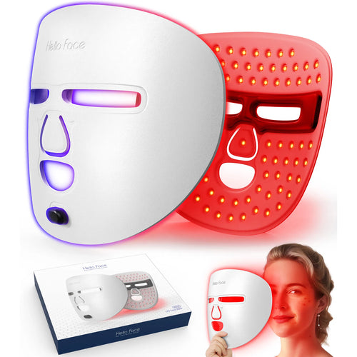 LED face mask with red and white lights, packaging, and a person wearing it.
