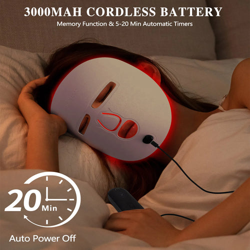 Person using a red and white electronic device on their head with text about battery capacity and timers.
