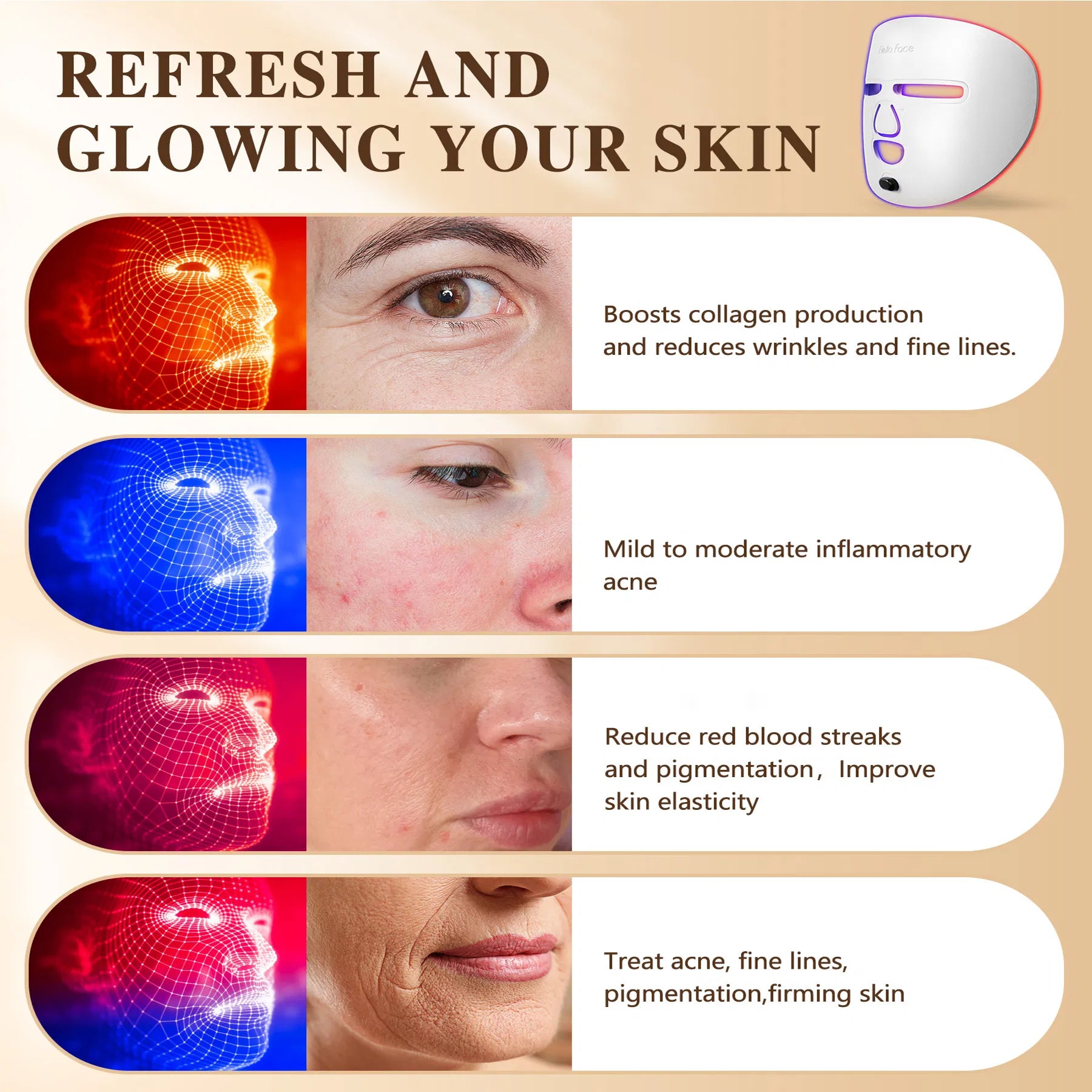 LED Red Light Therapy Face Mask — 336 LEDs, 3 Modes, Cordless