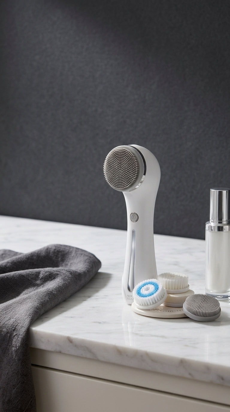A white handheld facial cleansing device with a silver mesh head stands on a marble countertop beside a folded gray towel, a small round brush, and a clear bottle with a silver cap against a dark gray wall.