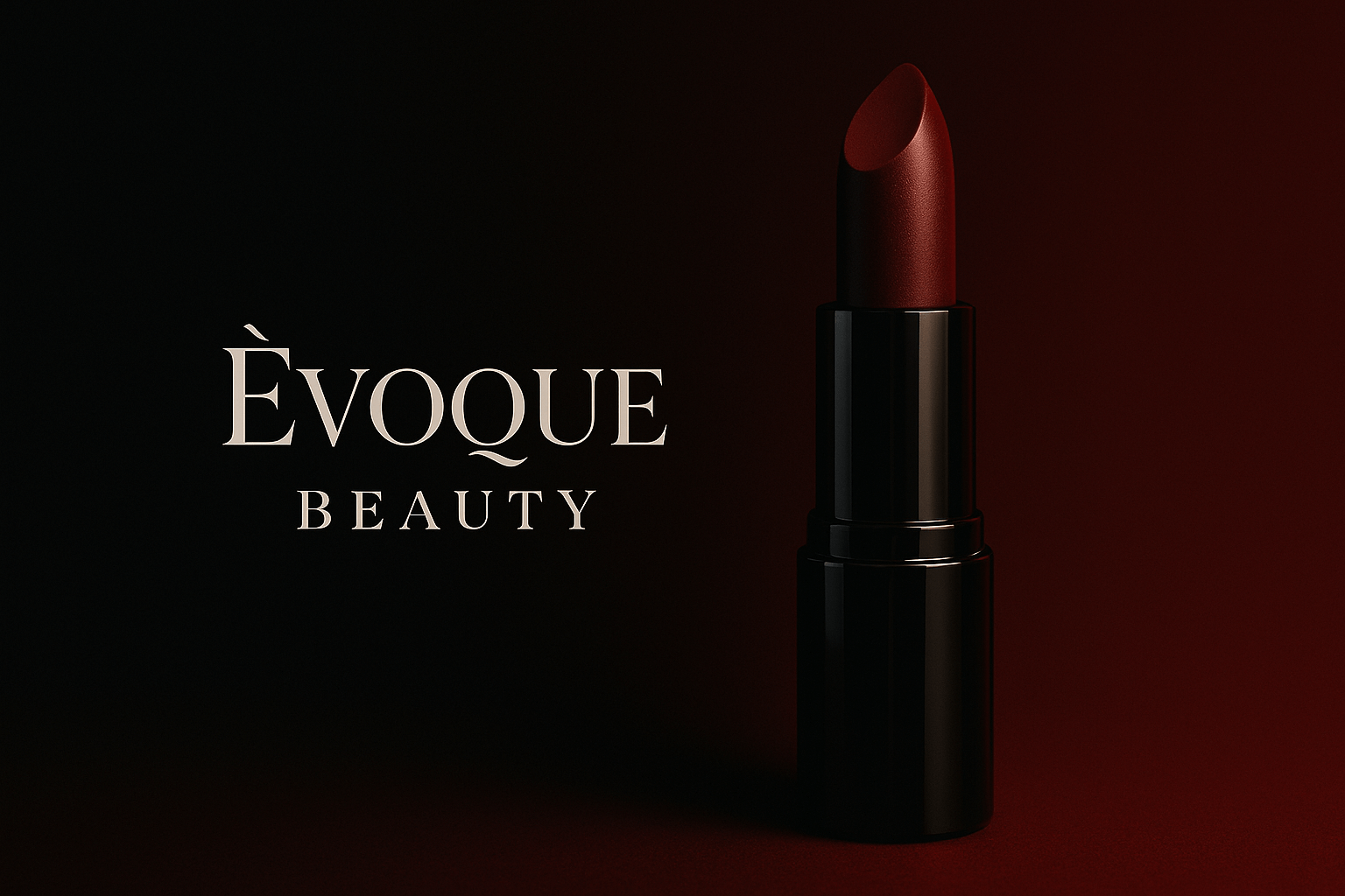 black and dark scatlet red background and a lipstick on side mantion store name Èvoque Beauty