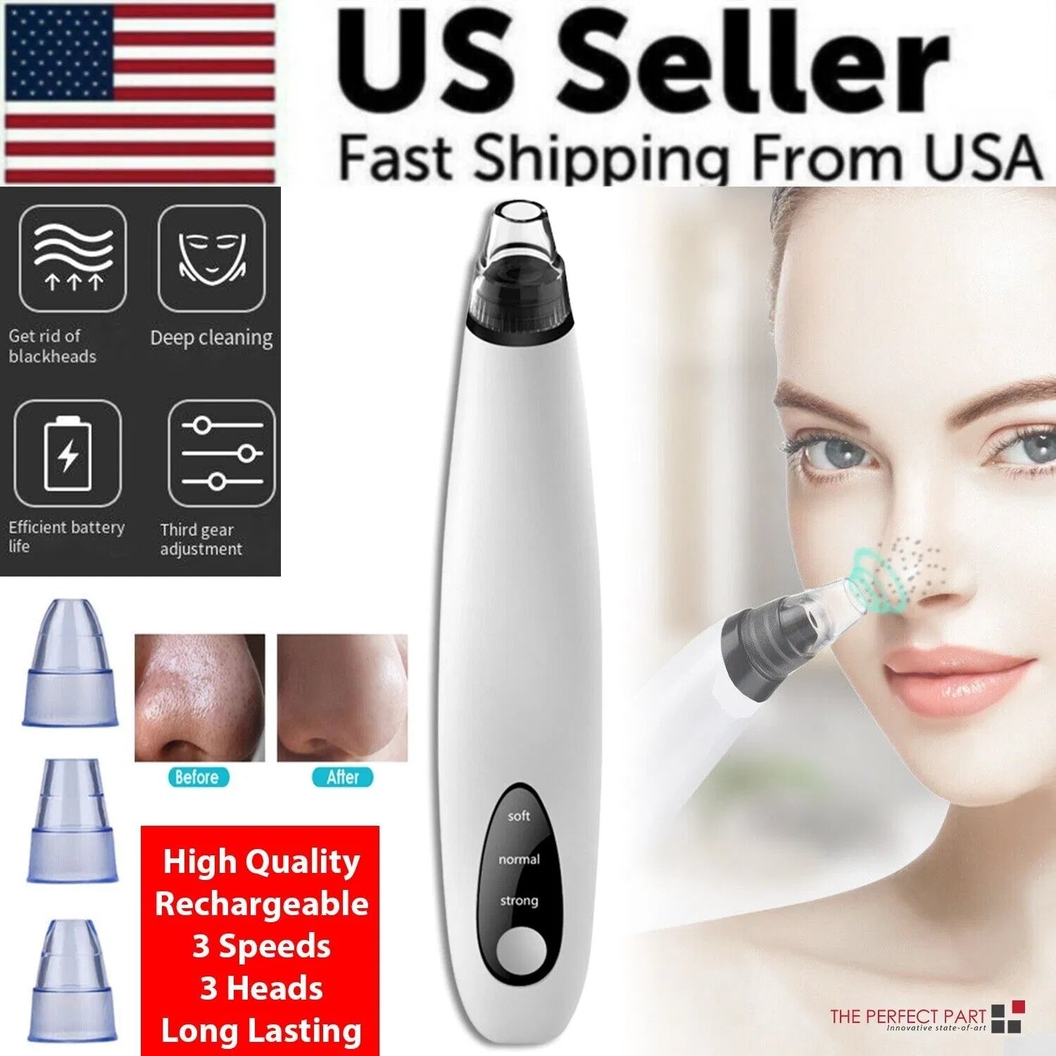 Facial cleansing device with features and benefits highlighted, including a US seller label and fast shipping from the USA.